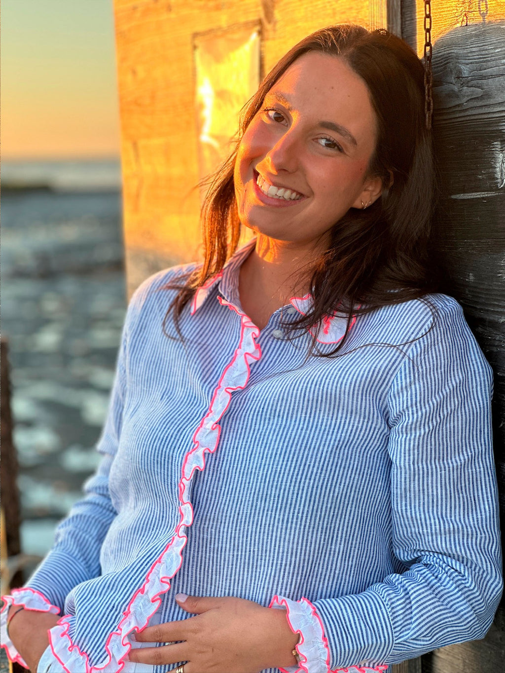 Vilagallo Linen Stripe Ruffle Shirt - Blue