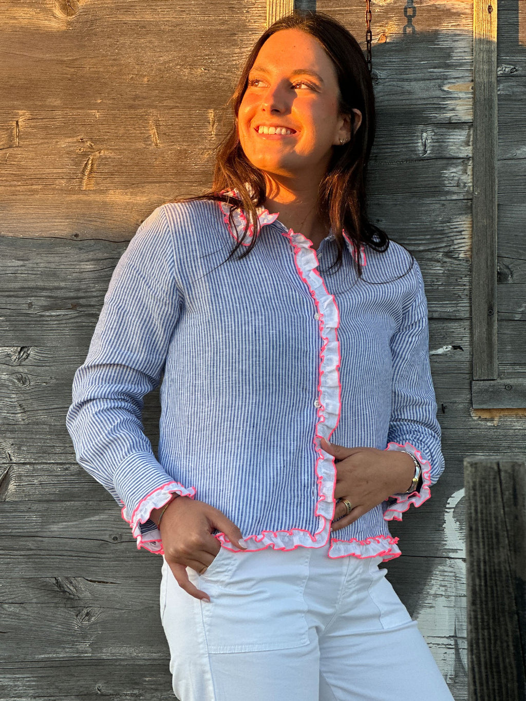 Vilagallo Linen Stripe Ruffle Shirt - Blue
