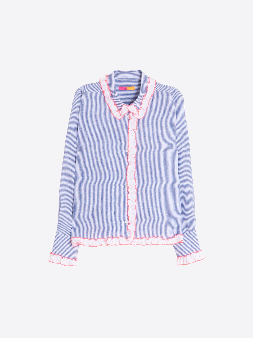 Vilagallo Linen Stripe Ruffle Shirt - Blue