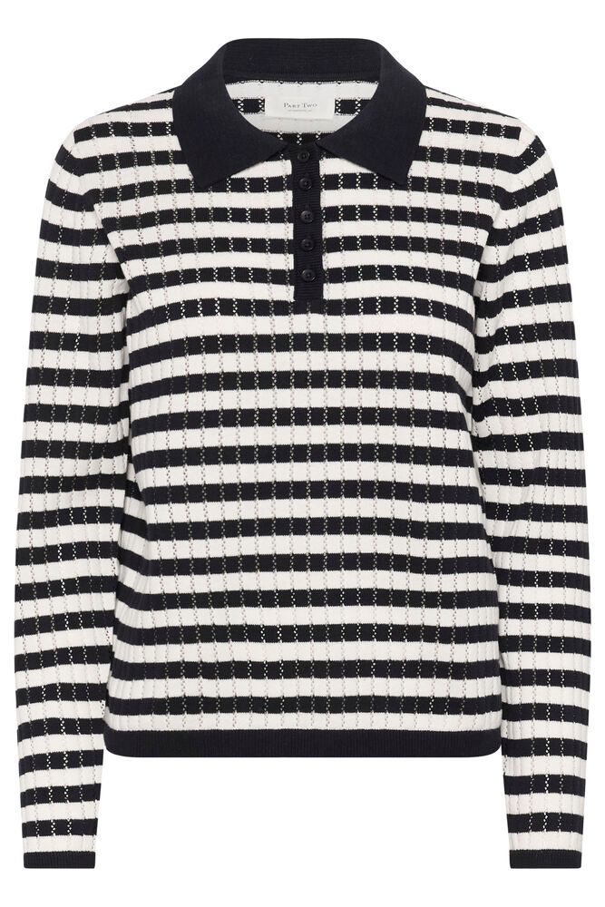 Part Two Zaria Striped Polo Knit - White/ Navy