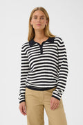 Part Two Zaria Striped Polo Knit - White/ Navy