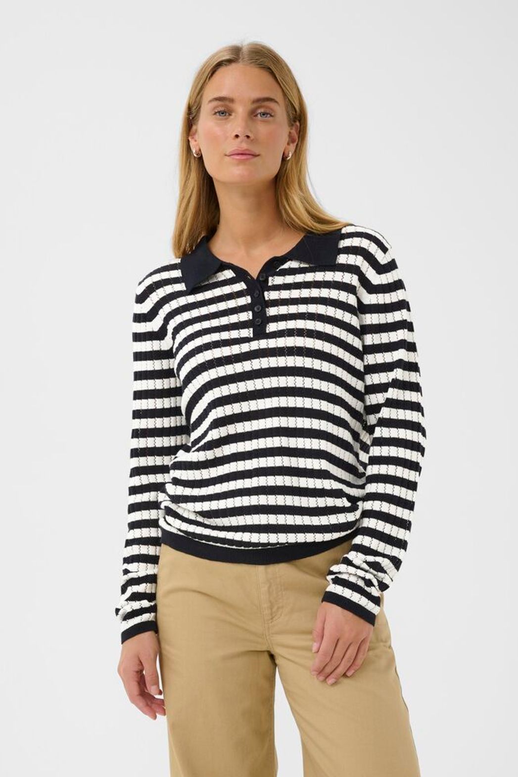 Part Two Zaria Striped Polo Knit - White/ Navy