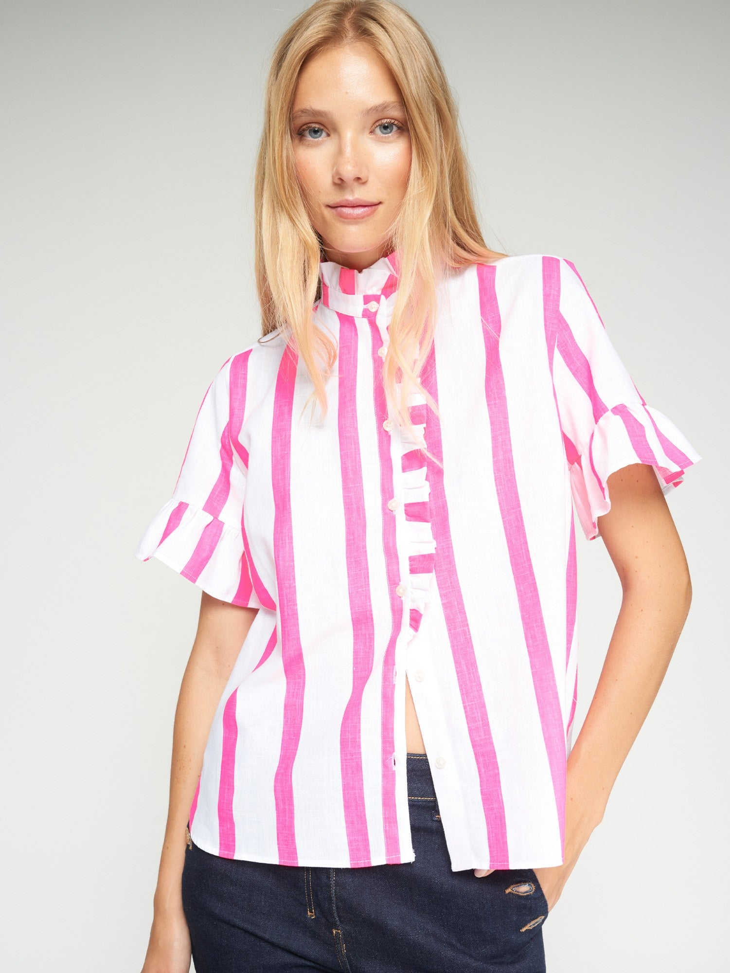 Vilagallo Striped Ruffle Pink Blouse