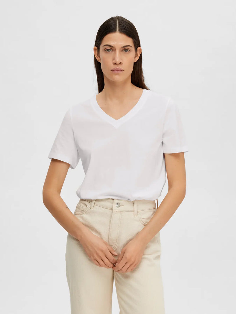 Selected Femme Essential V Neck Tee - White